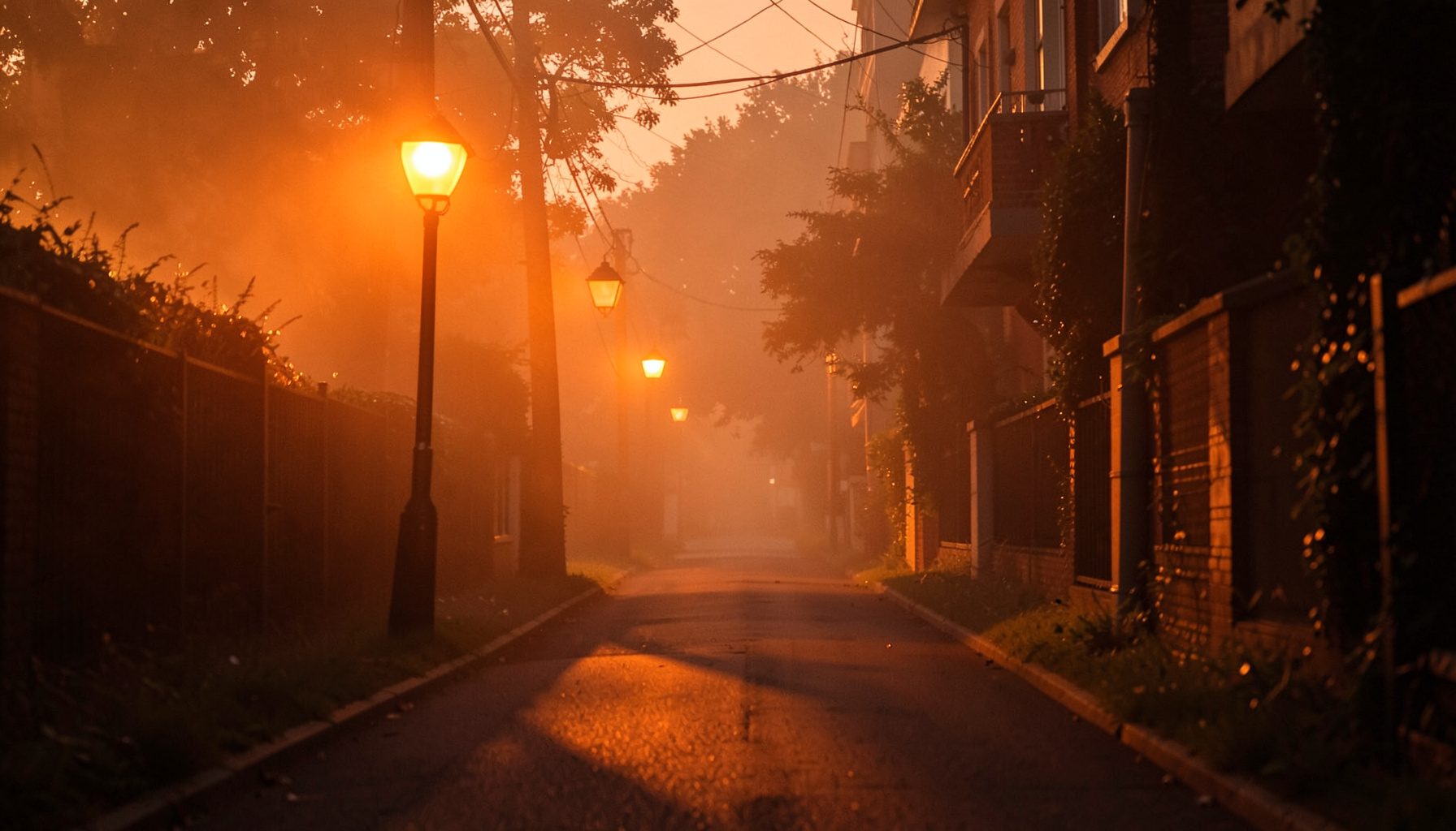 夕暮れ時に灯り始めた街灯の下、オレンジ色の光に包まれた小道の風景